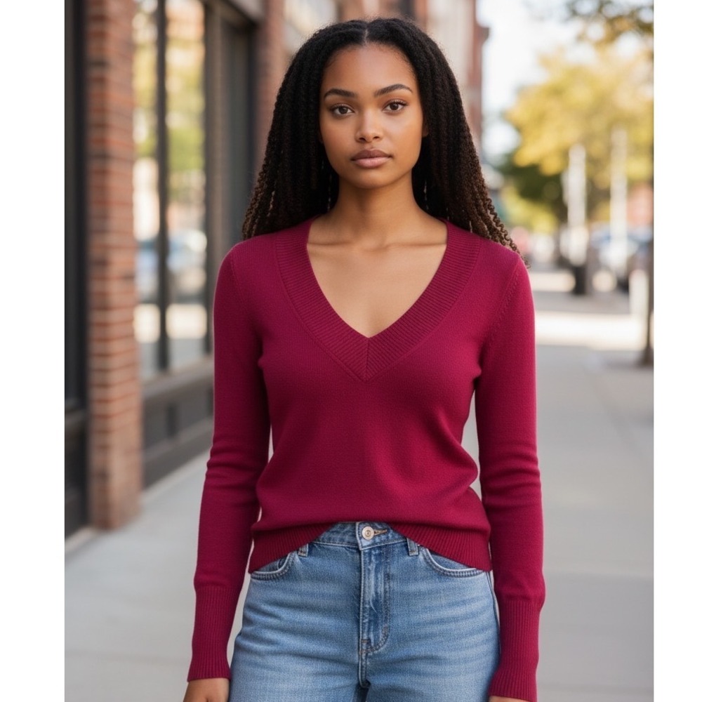 Express V-Neck Sweater Womens Y2K Medium Berry Red Slim Fit Ribbed Knit